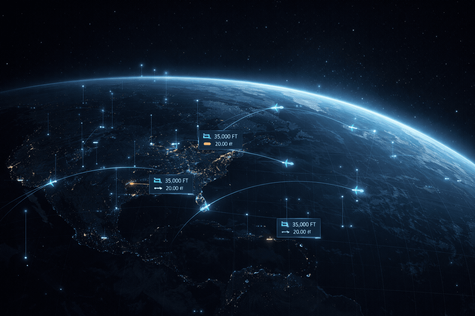 3D globe showing live aircraft positions with altitude stalks